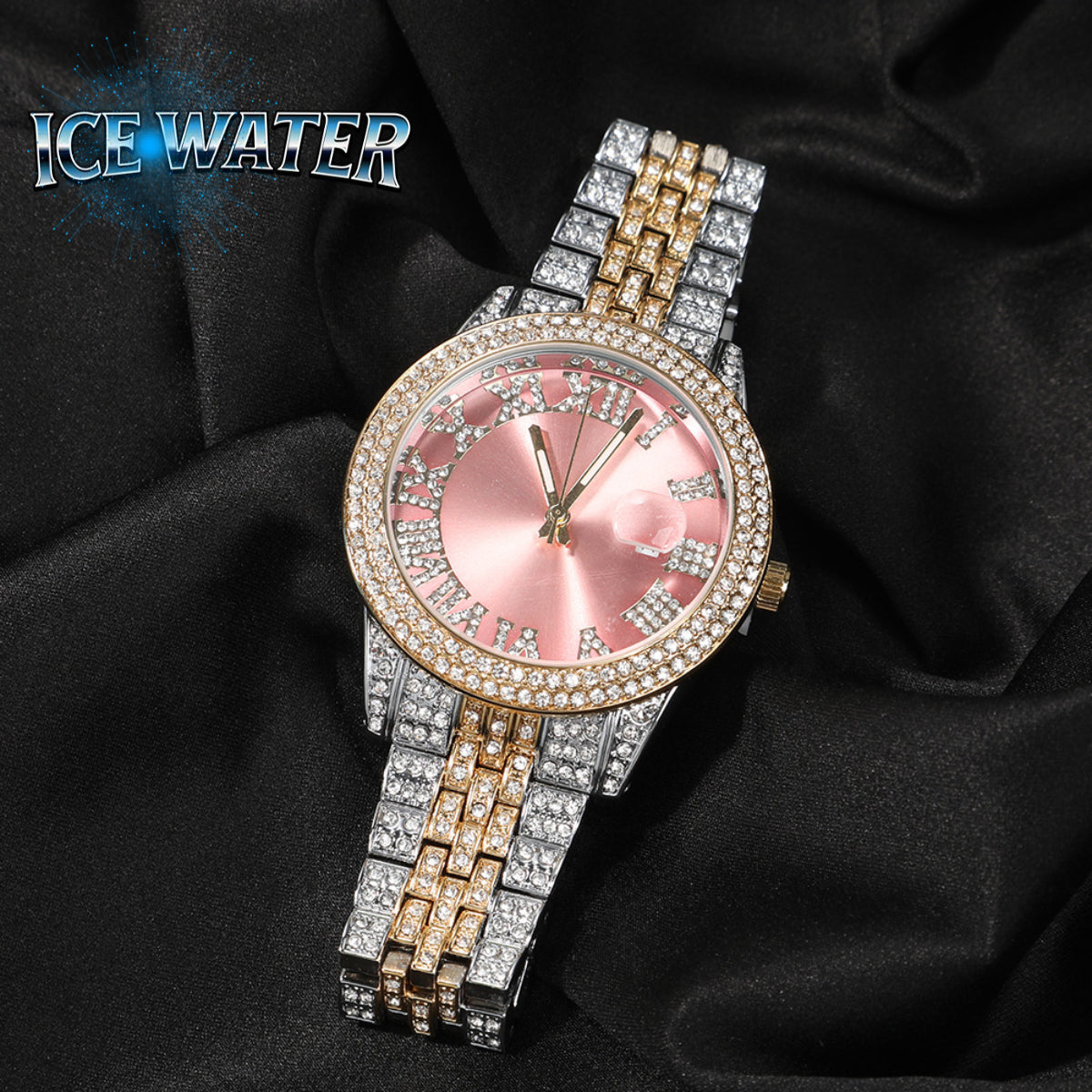 ICE WATER Hip Hop Roman Numeral Luxury Round Quartz  zirconia Watch